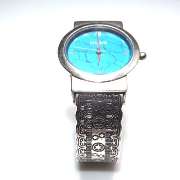 Chico's Cuff Watch, Turquoise Face, Silver Tone Engraved Band, Japanese Movement - Picture 12 of 12